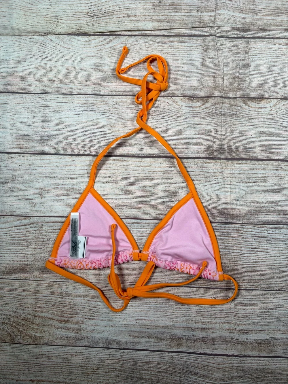 Frankie's Bikinis Orange Trim Pink Floral Cape May Triangle Bikini Top
